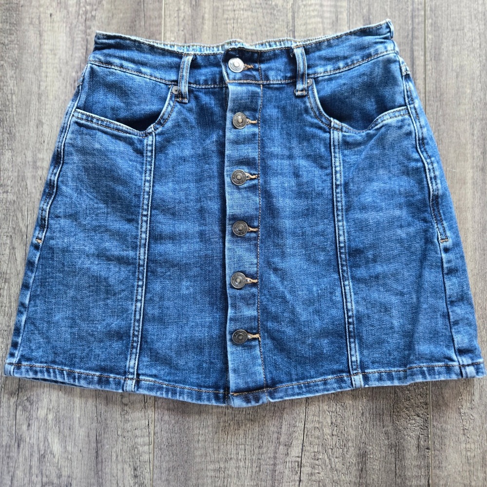Aerie Womens Blue Denim Button‎ Front Mini Skirt Elastic Back Medium Wash Small